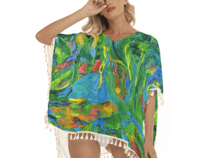 Women's Square Fringed (Poncho) Shawl Green Tulip Collection