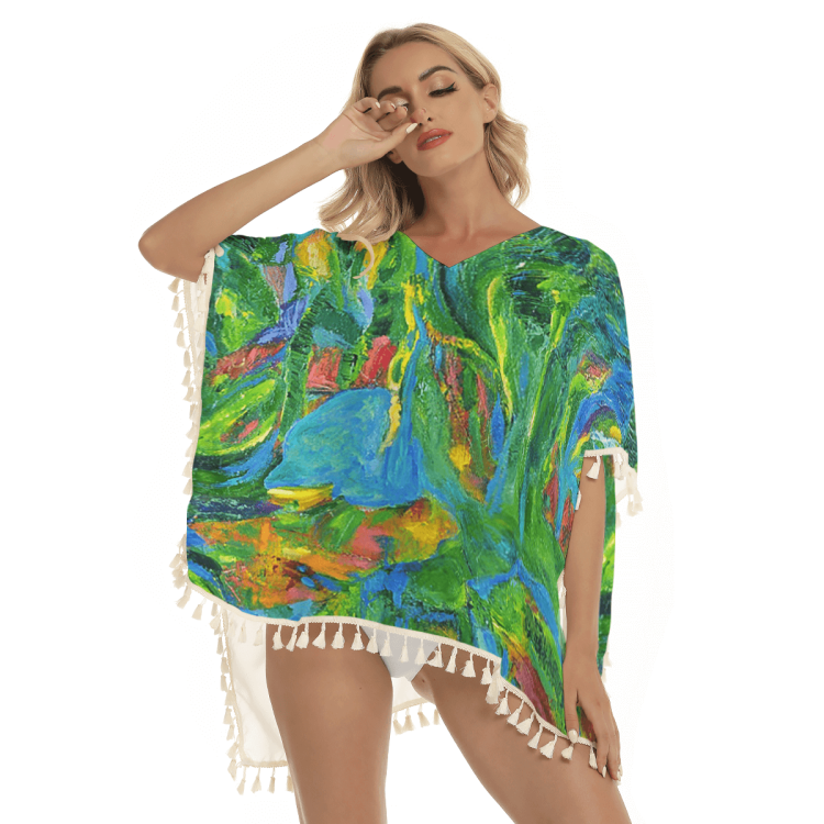 Women's Square Fringed (Poncho) Shawl Green Tulip Collection