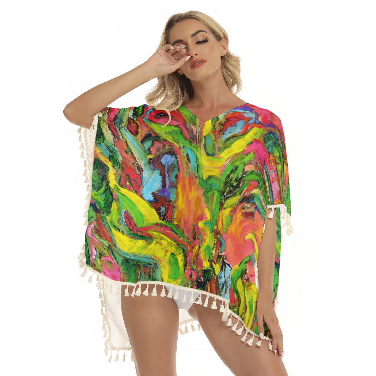 Women’s Square Fringed Shawl (Poncho) African Tree Collection