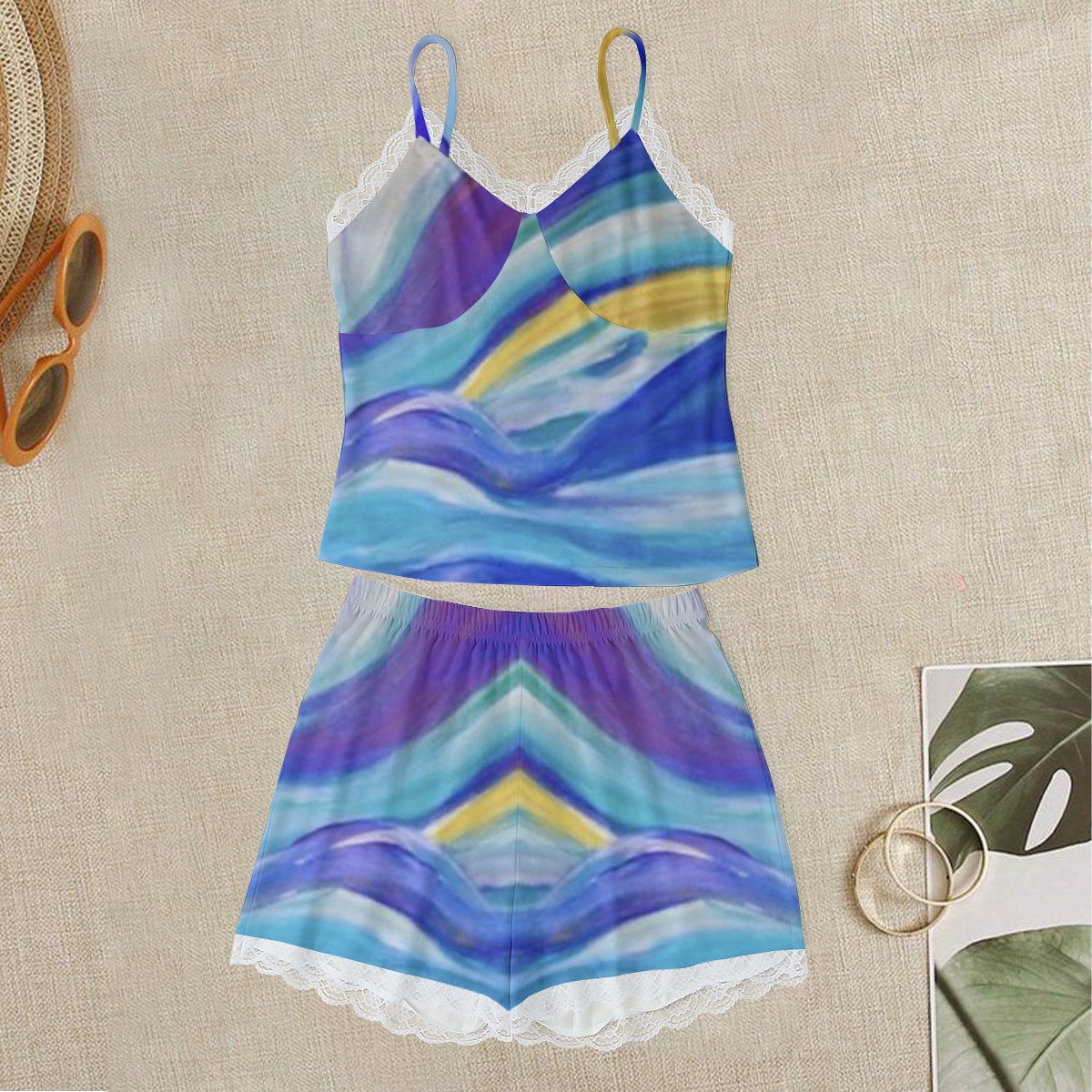 Women’s Cami Home Suit With Lace Edge Blue Skies Collection